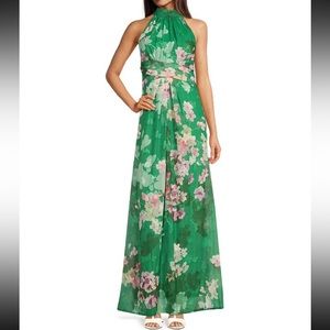 Adrianna Papell green, floral, halter neck gown.